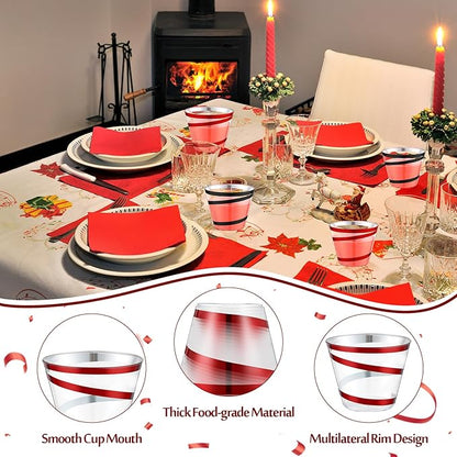 Gejoy 9 oz Rimmed Swirl Plastic Cups Disposable Wine Drinking Cups Clear Elegant Halloween Tumblers for Christmas Party Supplies(Red, Black,100 Pcs)