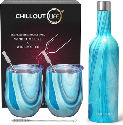 CHILLOUT LIFE 12 oz Stainless Steel Wine Tumblers 2 Pack & 1 Insulated Wine Bottle - Double Wall Vacuum Insulated Wine Glasses Cups with Lids and Straws Set Keeping Cold & Hot Gift Set