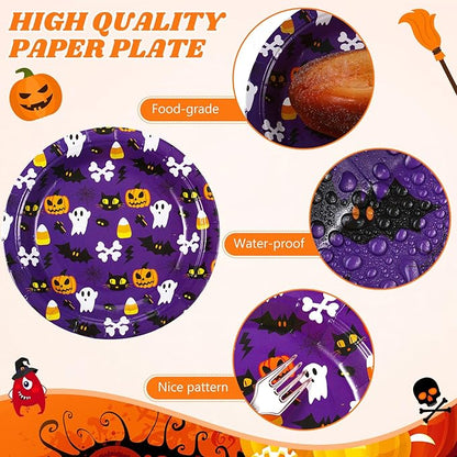 Umigy 120 Pcs Halloween Paper Plates 7 Inch Spider Web Party Plates, Pumpkin Spooky Disposable Tableware Supplies for Appetizer, Lunch, Dinner, Dessert