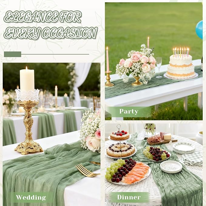 2 Pack Cheesecloth Table Runner, 120 Inch Sage Green Table Runner - Image 2
