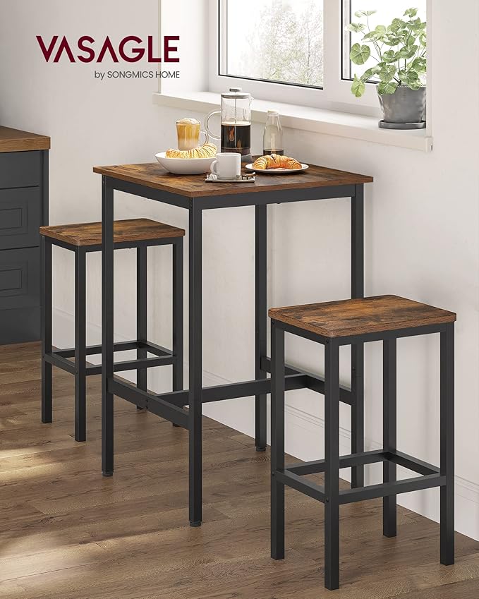 VASAGLE Bar Table and Chairs Set, Square Table with 2 Stools, Dining Pub Set for 2, Space Saving for Kitchen Breakfast, Living Room, Rustic Brown and Ink Black