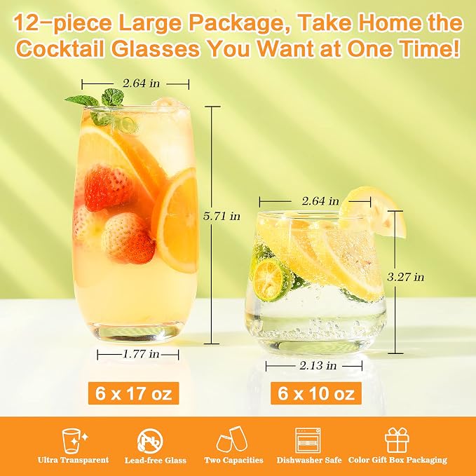 ISMASOAN Drinking Glasses Set of 12, 6 Tall 17 oz & 6 Stemless Wine 10 oz | - Image 2