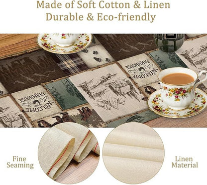 Rustic Cabin Bear Table Runner, Vintage Cottage Country Style Pine Tree Elk - Image 5