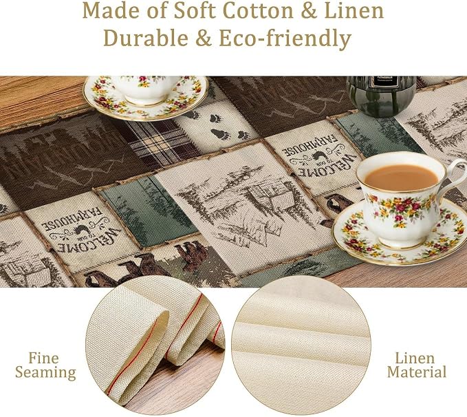 Rustic Cabin Bear Table Runner, Vintage Cottage Country Style Pine Tree Elk - Image 5