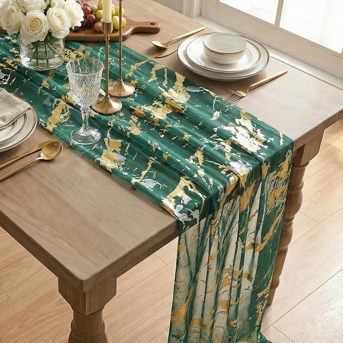 Artoid Mode Marble Pattern Green Gauze Table Runner 10FT, Glitter Metallic Foil - Image 4