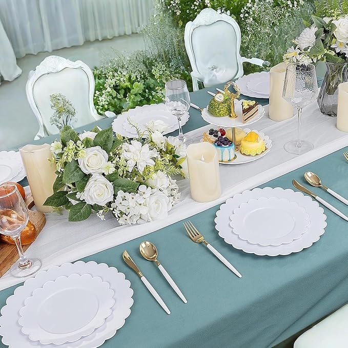 100Pcs White Scalloped Plastic Plates Set - Image 8
