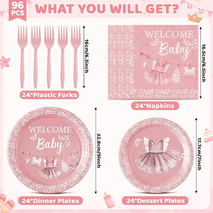 96Pcs Pink Platos De Barro Mexicanos Baby Shower Party Plates Supplies Welcome - Image 2