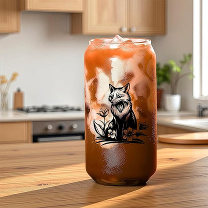 Cute Fox Glass Cup With Lids And Straws, Fox Gift For Women, Iced, Coffee, Smoothie, Cocktail, Beer, Whiskey, Soda, Matcha,16 Oz, Home Office Table Desk Decoration!