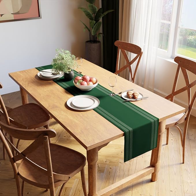 Encasa XO Table Runner, Yarn Dyed Ribbed Cotton 13"x54" | Ladder Dk Green - Image 2