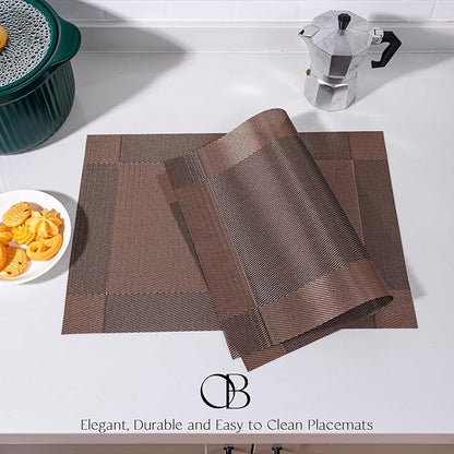 Placemats Set of 8 - Easy Clean Woven Vinyl Placemats for Dining Table, Indoor/Outdoor Place Mats, Washable PVC Table Mats（Brown Cube）