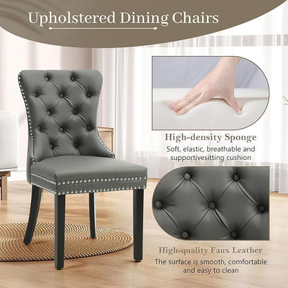 KCC Faux Leather Dining Chairs Set of 6, Upholstered High-end Tufted Dining Room Chair with Nailhead Back Ring Pull Trim Solid Wood Legs, Contemporary Nikki Collection Modern Style for Kitchen, Gray