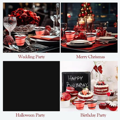 Gejoy 9 oz Rimmed Swirl Plastic Cups Disposable Wine Drinking Cups Clear Elegant Halloween Tumblers for Christmas Party Supplies(Red, Black,100 Pcs)