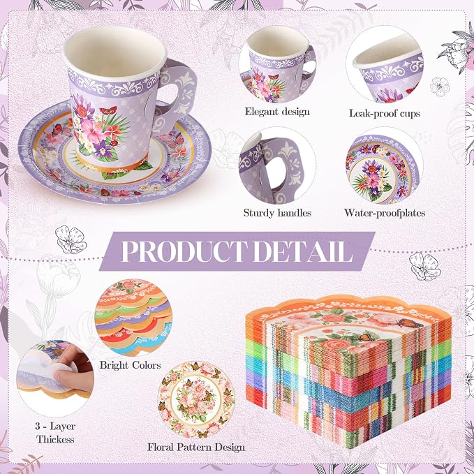 Nuogo 300 Pcs Vintage Floral Disposable Tea Party Set - Image 4