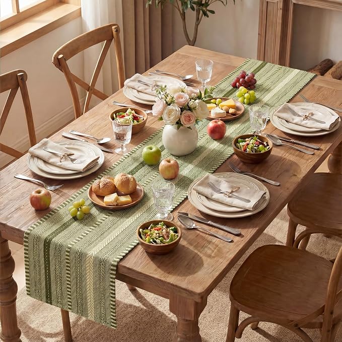Artoid Mode Army Green Farmhouse Stripe Braided Table Runner 12x90 Inch | - Image 5