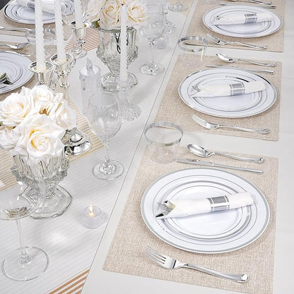 350 PCS White and Silver Plastic Dinnerware Set for 50 Guests, 100 Disposable Plates for Party, 50 Pre Rolled Napkins with Silver Silverware, 50 Cups
