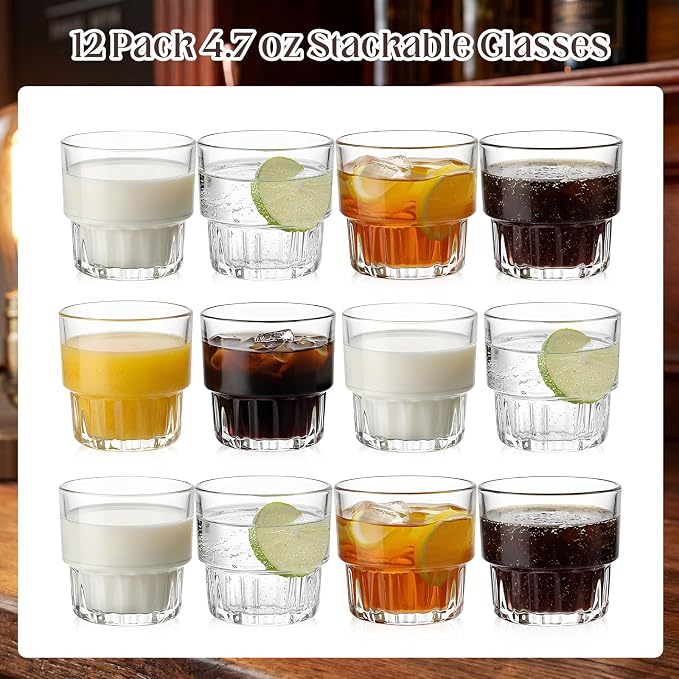 12 Pack 4.7 oz Drinking Glasses Stackable Iced Latte Coffee Cup, Beer Cocktail - Image 2