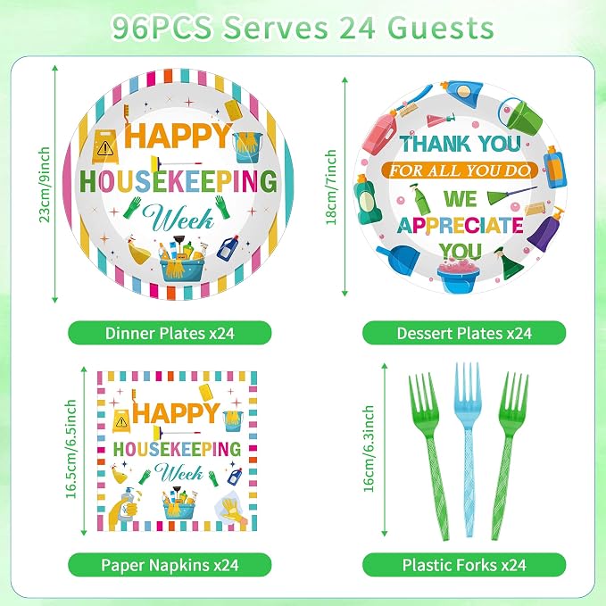 96 Pcs Housekeeping Week Party Supplies Kit 24 Plates 24 Dessert Plates 24 - Image 2