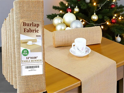 MDS® Pack of 25 Natural Burlap Table Runner, 12 x 108 Inch, Jute Vintage Rustic by MDS