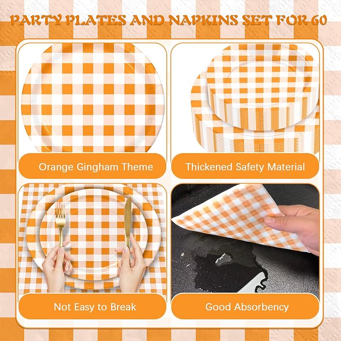 180Pcs Orange Gingham Party Supplies Paper Plates and Napkins Serve 60 | - Image 3
