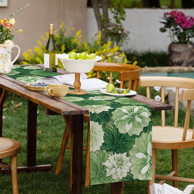 Green Dahlia Flower Summer Table Runner Sage Green Burlap Table Runners - Image 7