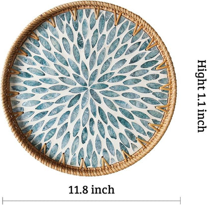 Round Rattan Tray with Mother of Pearl Inlay, Wooden Base | Coffee Table - Image 3