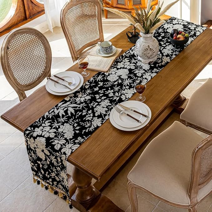 Floral Jacquard Dining Table Runner Black 13 x 82 Inch | Jacquard Flower - Image 4