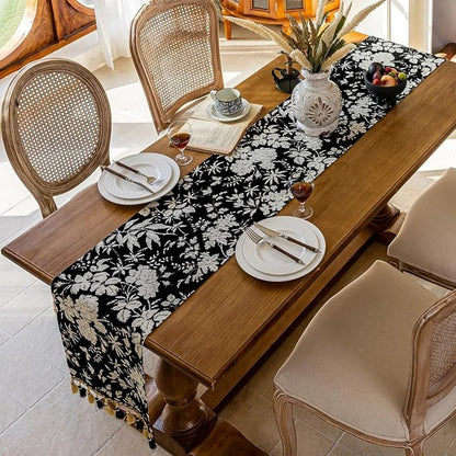 Floral Jacquard Dining Table Runner Black 13 x 82 Inch | Jacquard Flower - Image 4