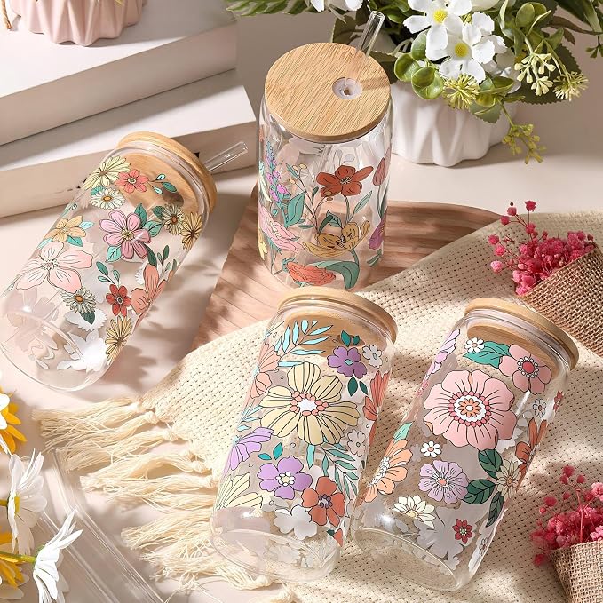 Mumufy 4 Pack Wildflower Glass Cups Gift Aesthetic Cute Glass Cup Tumbler - Image 4