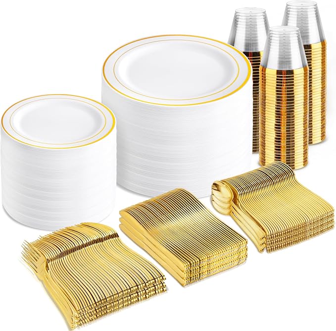 bUCLA 600Pcs White and Gold Plastic Plates by BUCLA