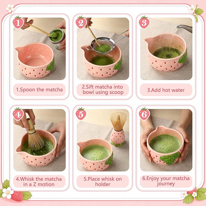 5 Pcs Matcha Whisk Set Pink Matcha Kit Cute Strawberry Design | Ceramic - Image 7