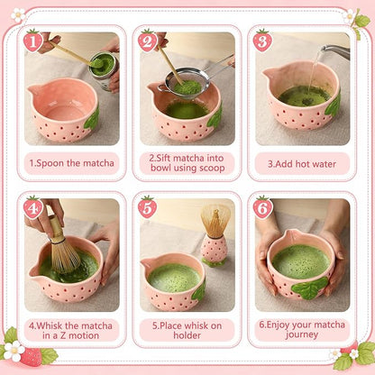 5 Pcs Matcha Whisk Set Pink Matcha Kit Cute Strawberry Design | Ceramic - Image 7