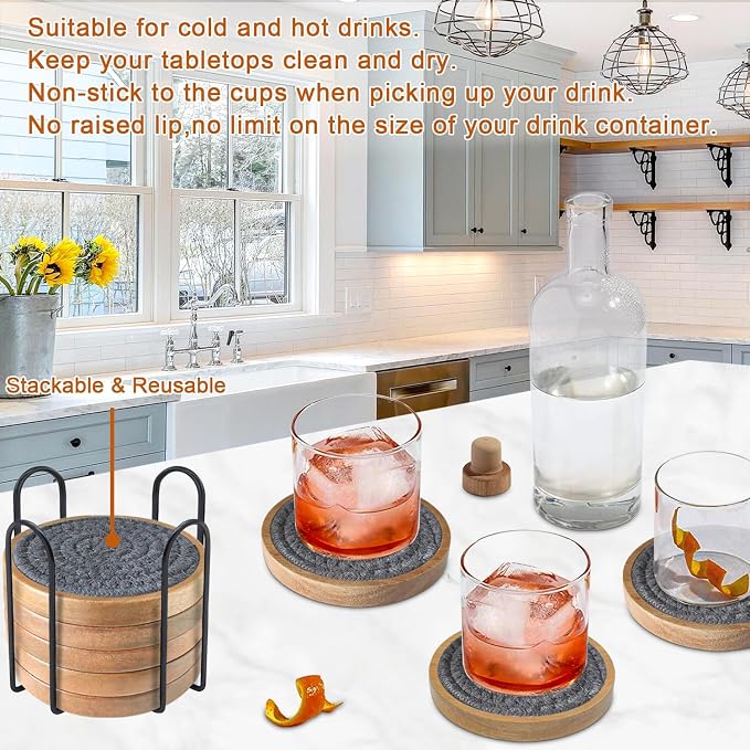Wood Coasters for Drinks, Eykao Absorbent Coaster Sets of 8, Woven Drink - Image 4