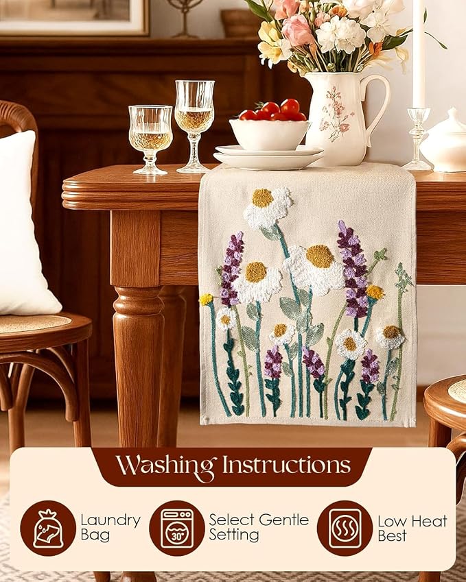 Canvas Embroidered Narrow 13"x 72" Table Runner, Wild Flower | Exquisite - Image 4