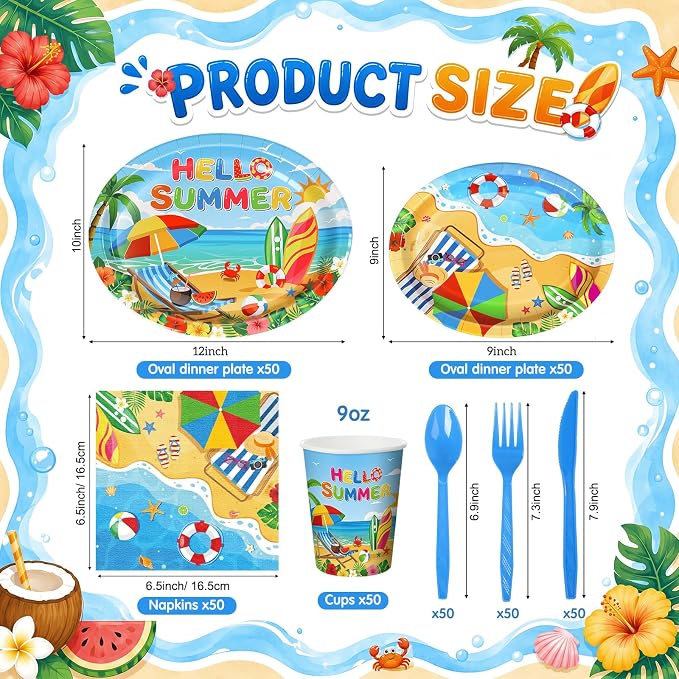350 Pcs Beach Party Decorations 12 in Disposable Oval Hello Summer Plates - Image 2