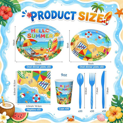350 Pcs Beach Party Decorations 12 in Disposable Oval Hello Summer Plates - Image 2