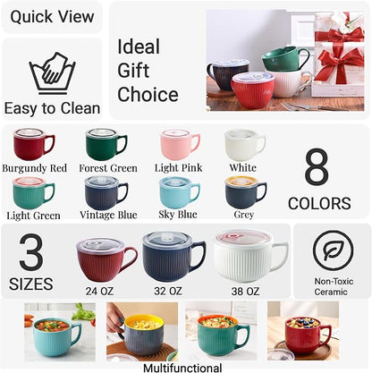 Ceramic Soup Bowl with Handle & Lid, Large 32oz Microwave Ramen Bowl Green | - Image 3