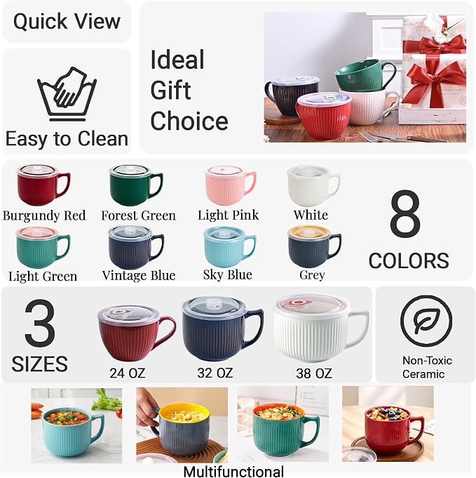 Ceramic Soup Bowl with Handle & Lid, 32oz Microwave Ramen Bowl Set of 2 | Green - Image 3