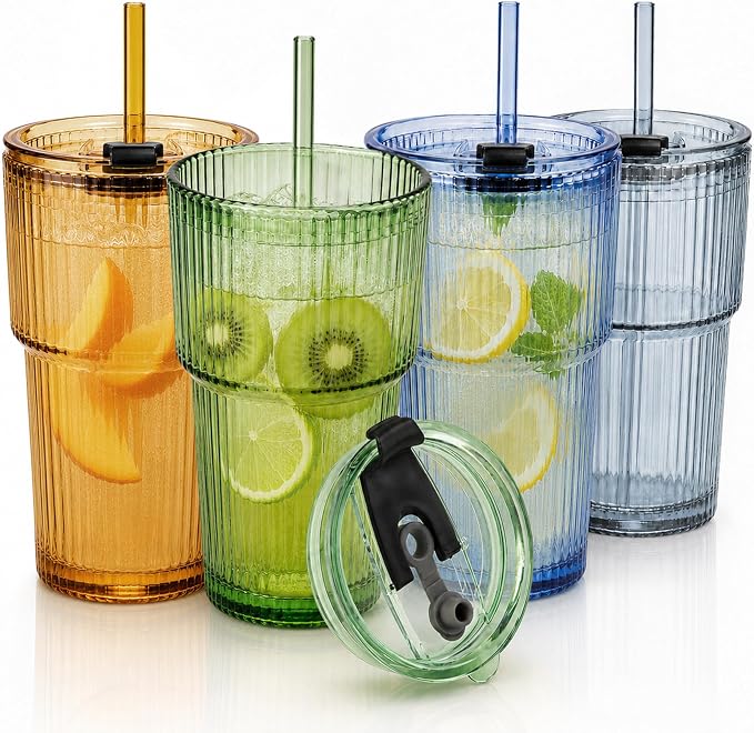 Glass Cups with Lids and Straws, Iced Coffee | 4pcs, leak-proof, by CUPLOOV