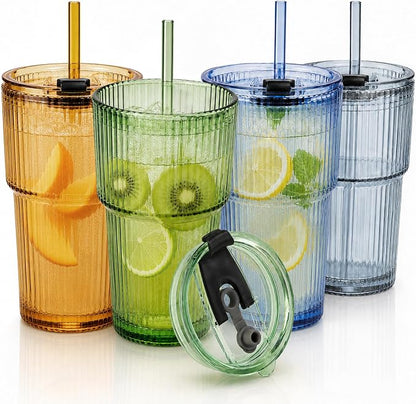 Glass Cups with Lids and Straws, Iced Coffee | 4pcs, leak-proof, by CUPLOOV