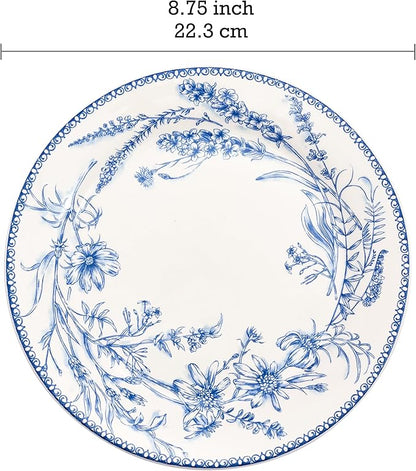 Bico Blue Garden Toile De Jouy Salad Plates Set of 4, 8.75 Inch Ceramic Dessert Plates for Salad, Appetizer, Side Dishes, Microwave and Dishwasher Safe, Gift for Housewarming and Thanksgiving