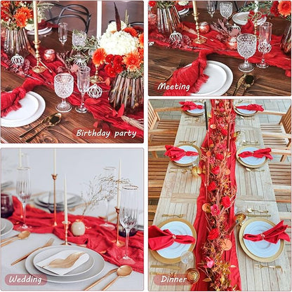 12 Pack Cheesecloth Table Runner 35x72 Inch Boho Gauze Table Runner Rustic Cheese Cloth Long Romantic Table Runners for Wedding Bridal Shower Birthday Party Table Decor (Red)