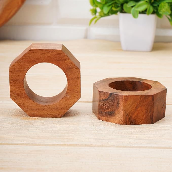 Acacia Wood Napkin Rings Set of 12 – Handmade Octagon Rustic Wooden Napkin - Image 2
