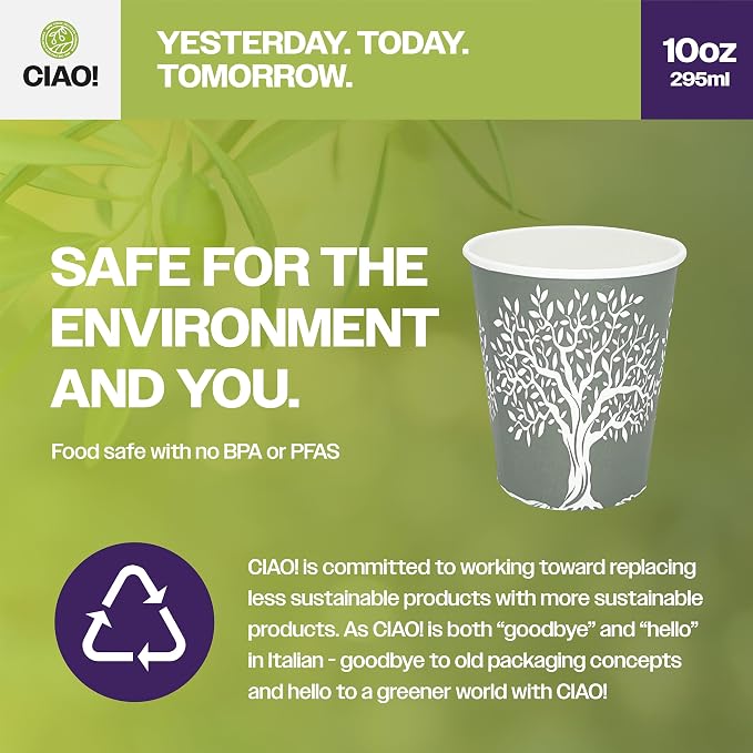 CIAO! 10oz Paper Hot Cup, Rooted Olive Print - Image 5