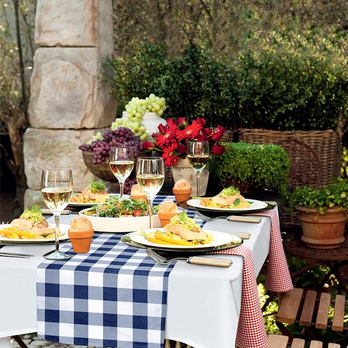 Buffalo Plaid Table Runner Navy Blue and White 14W x 108L, 1 Piece | Waterproof - Image 3