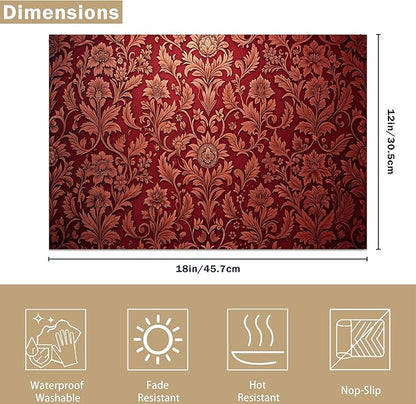 Luxury Jacquard Placemats Set of 6, Red Ethnic Bohemian Waterproof Linen Fabric, Non-Slip Backing & Easy Clean, Elegant Dining Table Protectors for Family and Guests