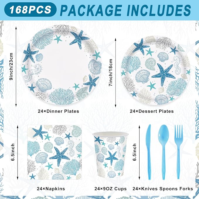 168pcs Coastal Beach Paper Plate Napkin Seashell Party Supplies Serve 24 | Blue - Image 2