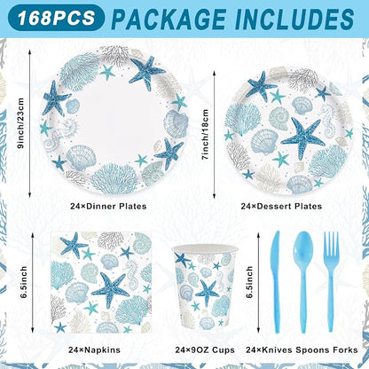 168pcs Coastal Beach Paper Plate Napkin Seashell Party Supplies Serve 24 | Blue - Image 2