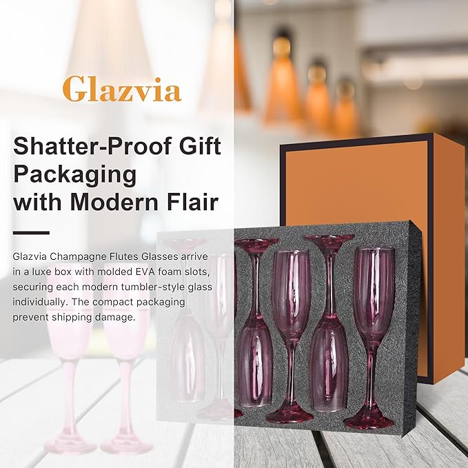 Champagne Flutes Glasses Set of 6-6oz Elegant Pink Glass, Unique Pink Colored Long Stem Champagne Flute Gift for Wedding, Anniversaries, Parties, Birthday, Restaurant, Home Bar