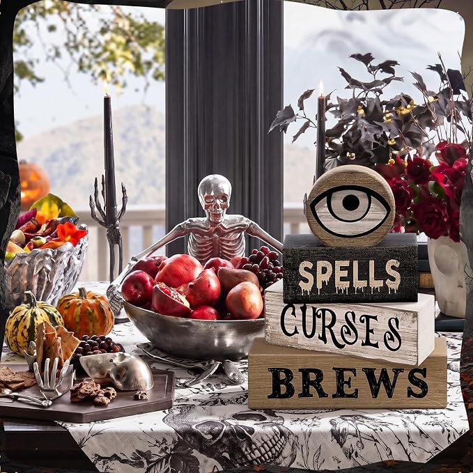 Moucuny 4 Pcs Halloween Table Decor Witchy Wooden Stacked Block Decor, "Spells - Image 6