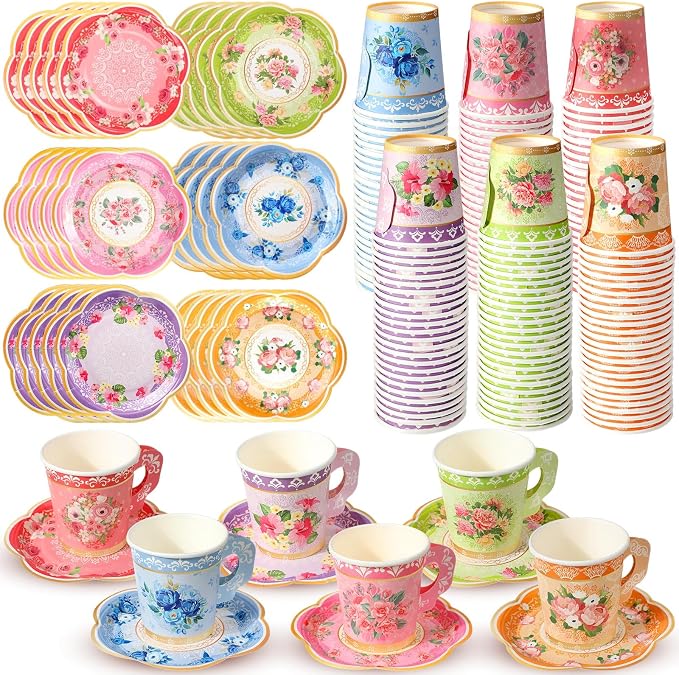 Nuogo 300 Pcs Floral Paper Tea Cups and Saucers 7 OZ Disposable Cups by Nuogo